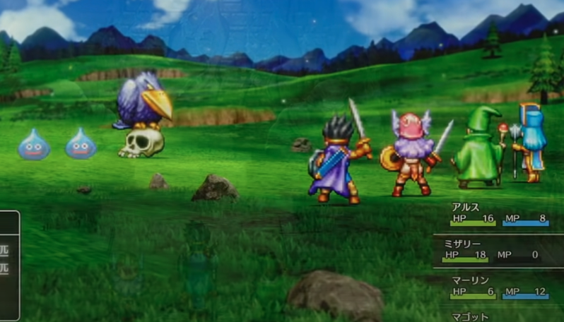 An in-game screen from Dragon Quest 3 HD-2D Remake. The adventuring party of four characters is in the foreground with their backs to the viewers. They are facing a large crow-like beast, who is off to the left of the frame.